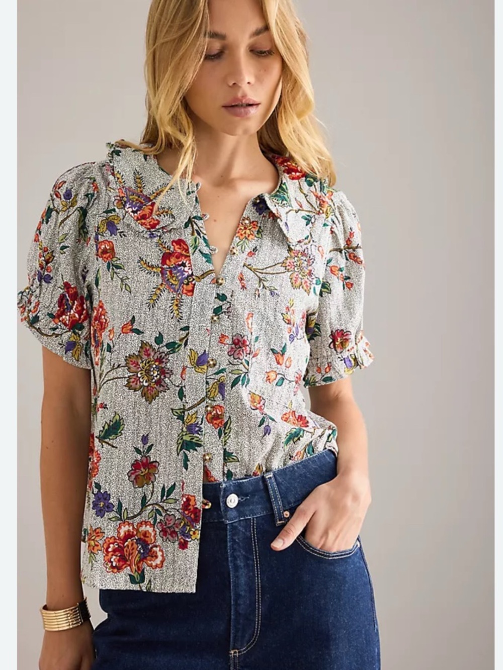 Anthropologie Pilcro Floral Short-Sleeve Button Up Top 100% Cotton Size XL